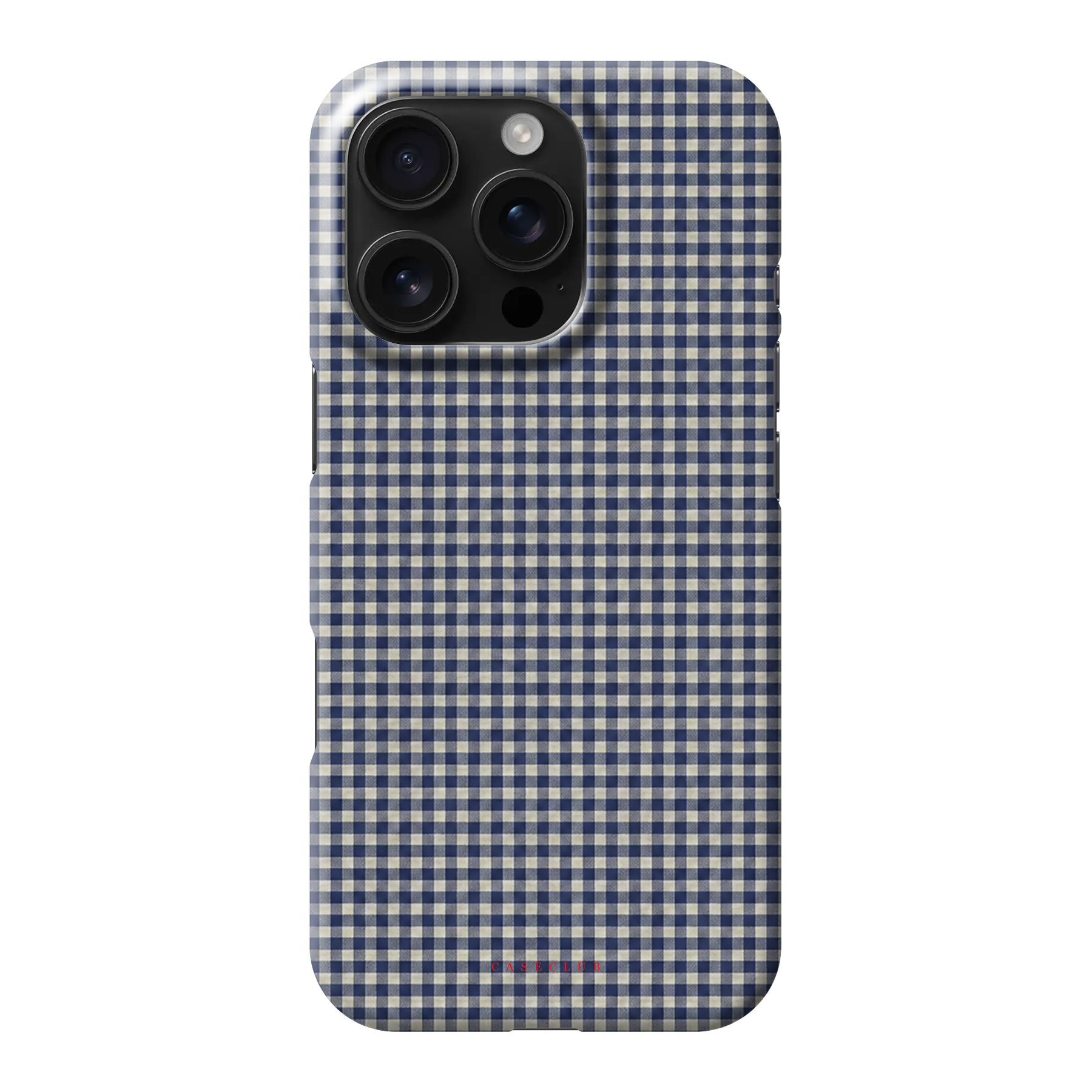 Case Club Blue Gingham Hülle — feines Vichy-Karo in Marineblau und Creme.