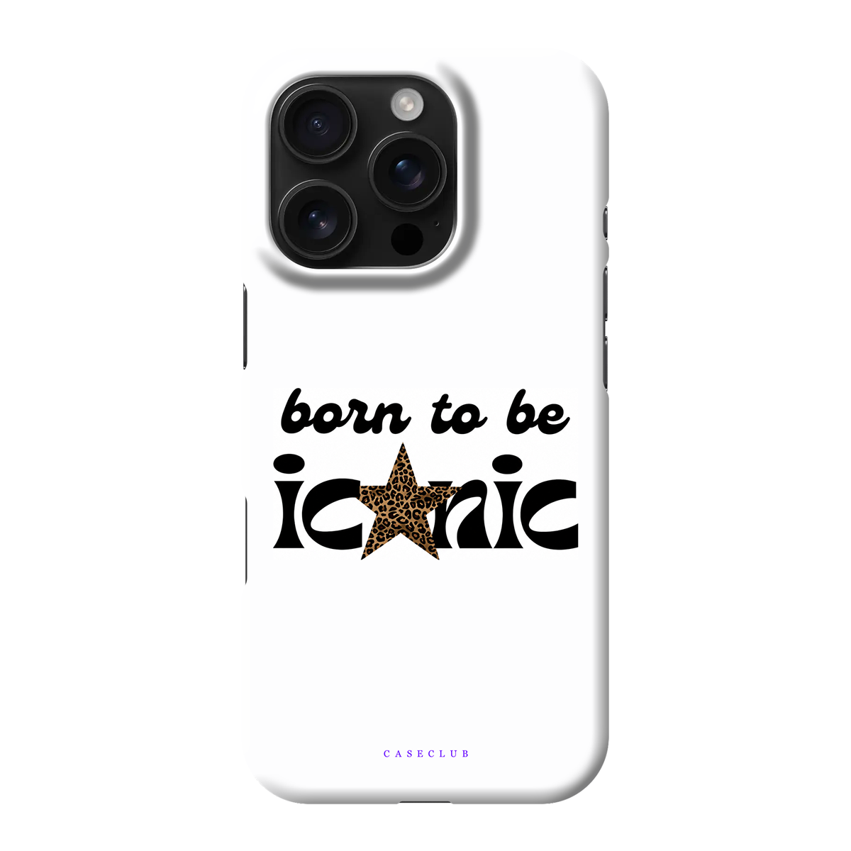 Born To Be Iconic – weiße Handyhülle mit Schriftzug und Leoparden-Stern