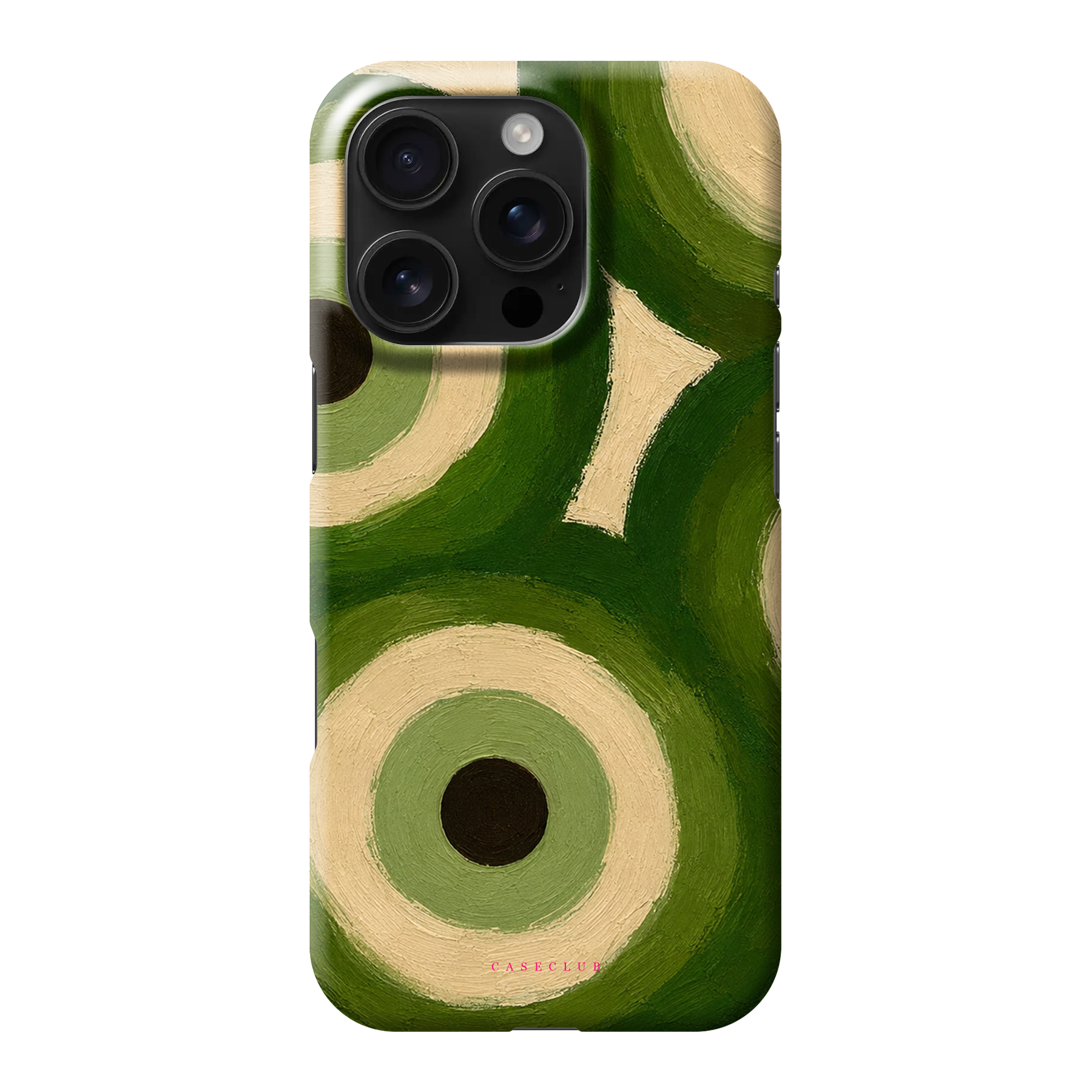 Case Club Olive Eye Hülle — konzentrische Kreise in Oliv, Creme und Moosgrün, pastos gemalt.