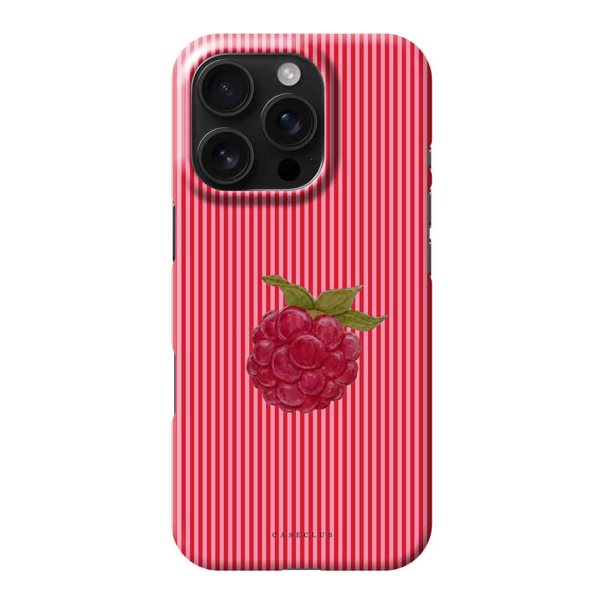 Raspberry – Handyhülle mit gemalter Himbeere auf feinen rot-rosa Längsstreifen