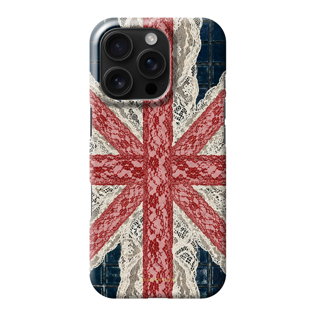 Union Lace – Handyhülle mit Union Jack aus Spitze auf blauen Kacheln