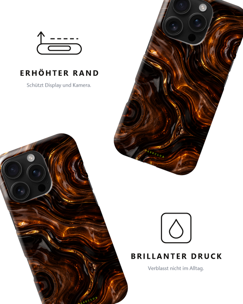 Zwei Amber-Swirl-Hüllen – erhöhter Rand und brillanter Druck