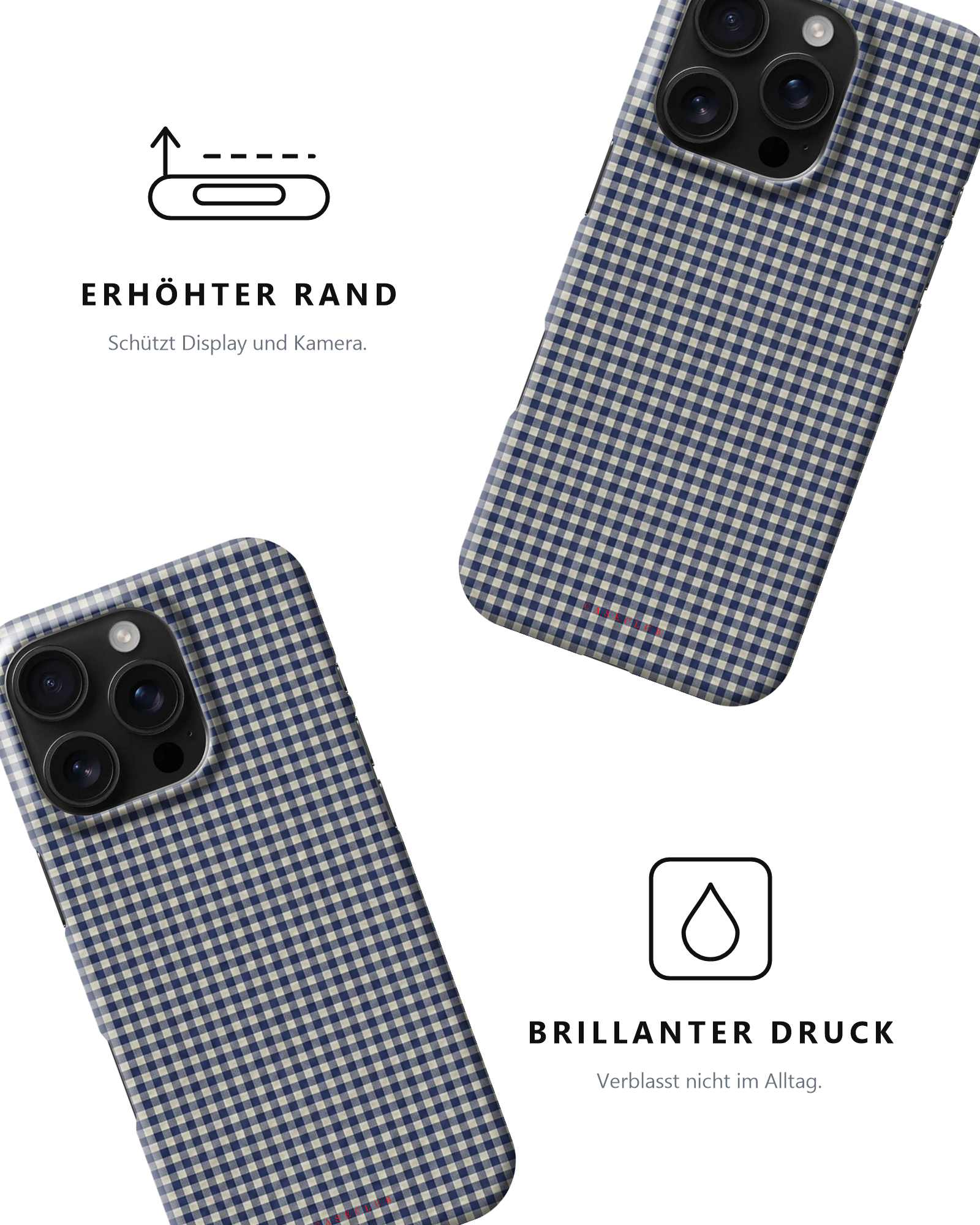 Case Club Blue Gingham — erhöhter Rand schützt Display und Kamera, brillanter Druck verblasst nicht im Alltag.