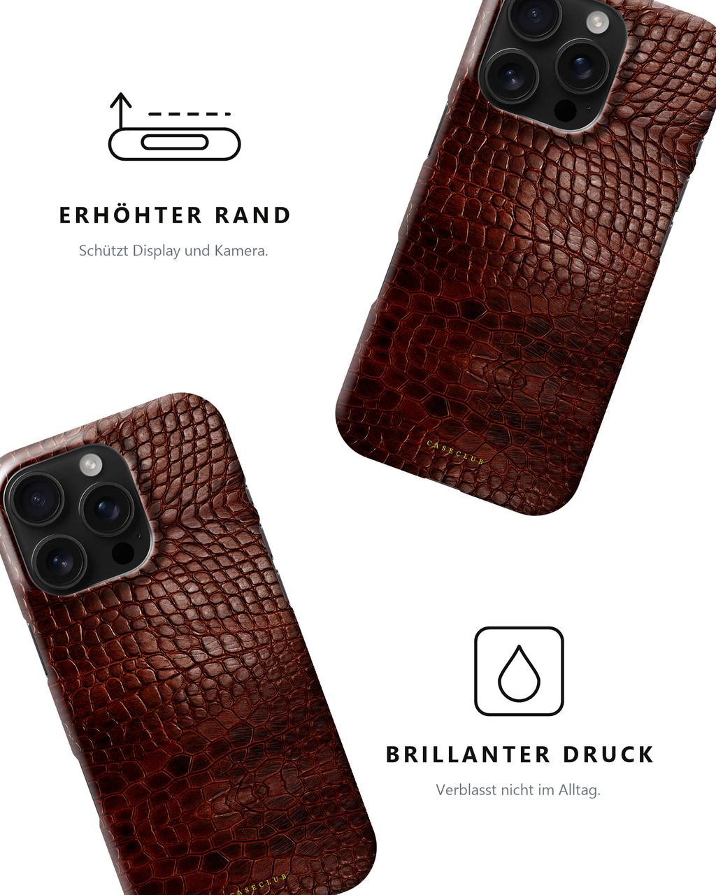 Zwei Bordeaux-Croco-Hüllen – erhöhter Rand und brillanter Druck