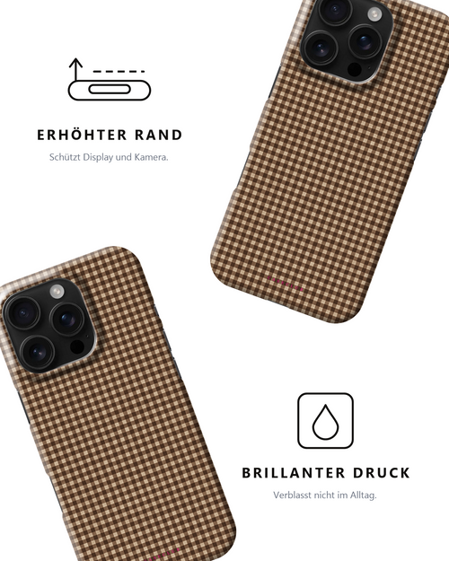 Case Club Coffee Gingham — erhöhter Rand schützt Display und Kamera, brillanter Druck verblasst nicht im Alltag.