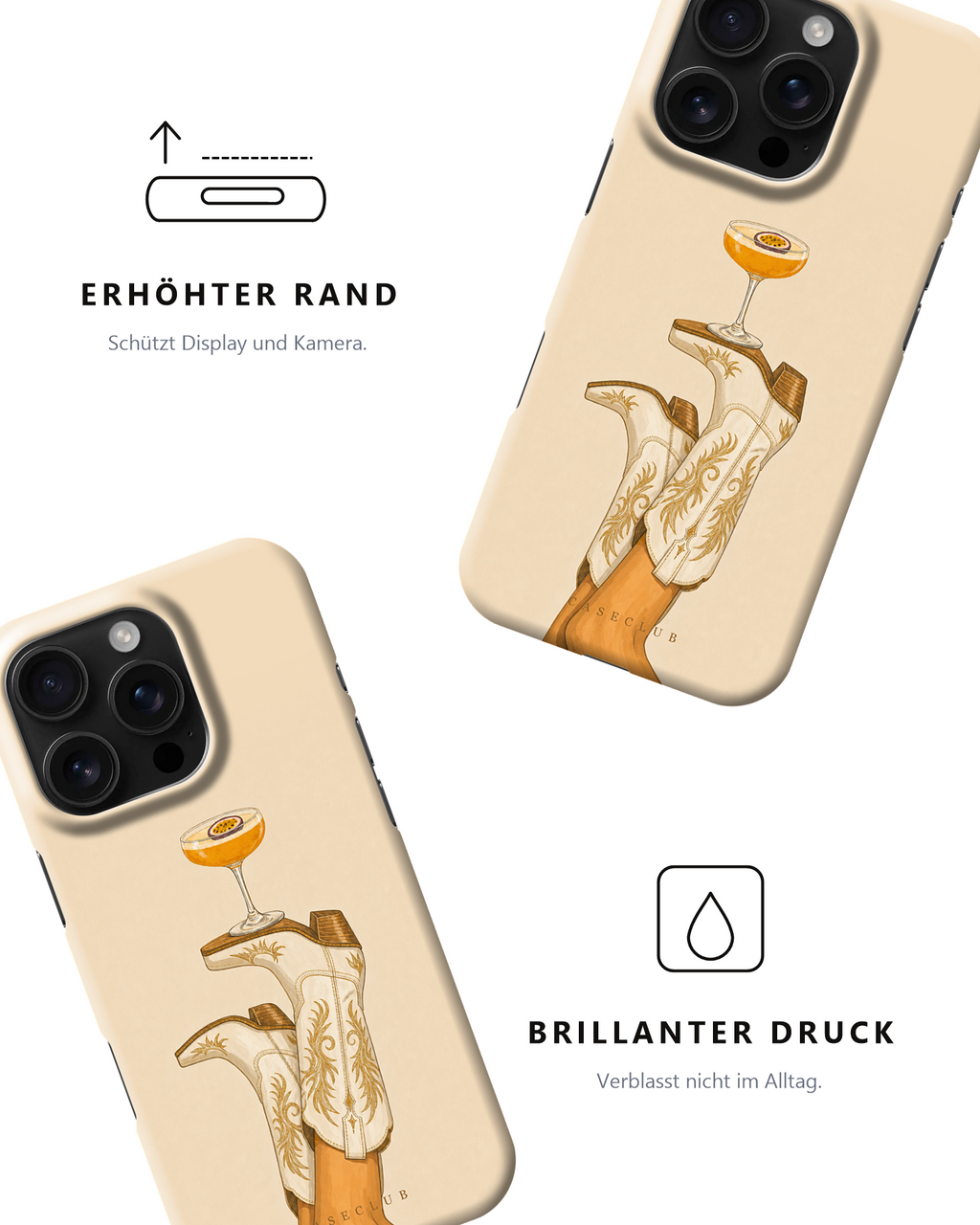 Case Club Cowboy Boots — erhöhter Rand schützt Display und Kamera, brillanter Druck verblasst nicht im Alltag.