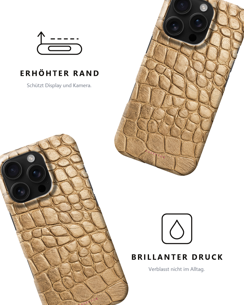 Zwei Gold-Croco-Hüllen – erhöhter Rand und brillanter Druck