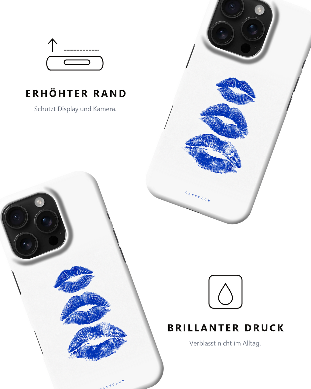 Case Club Kisses — erhöhter Rand schützt Display und Kamera, brillanter Druck verblasst nicht im Alltag.