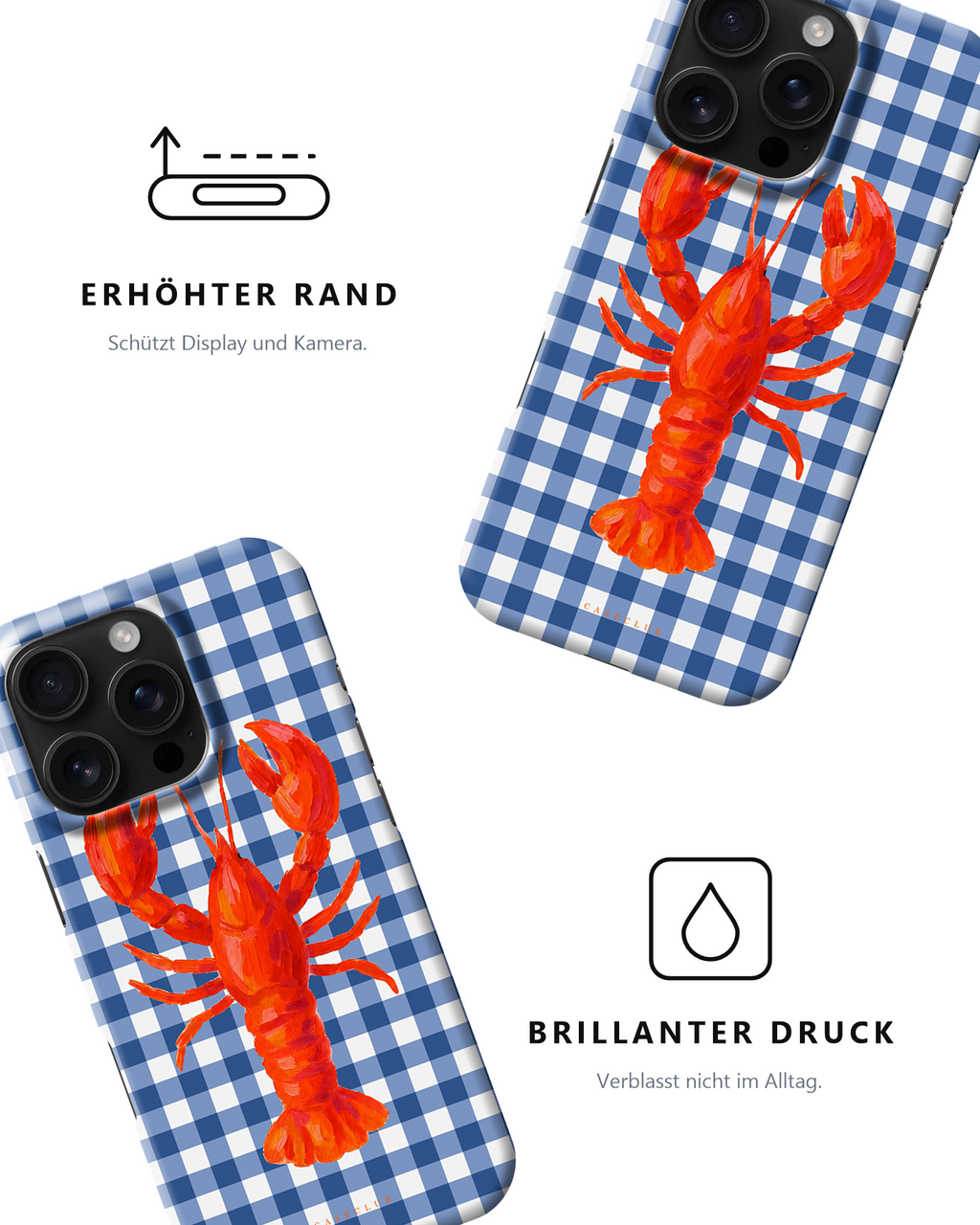 Case Club Lobster — erhöhter Rand schützt Display und Kamera, brillanter Druck verblasst nicht im Alltag.