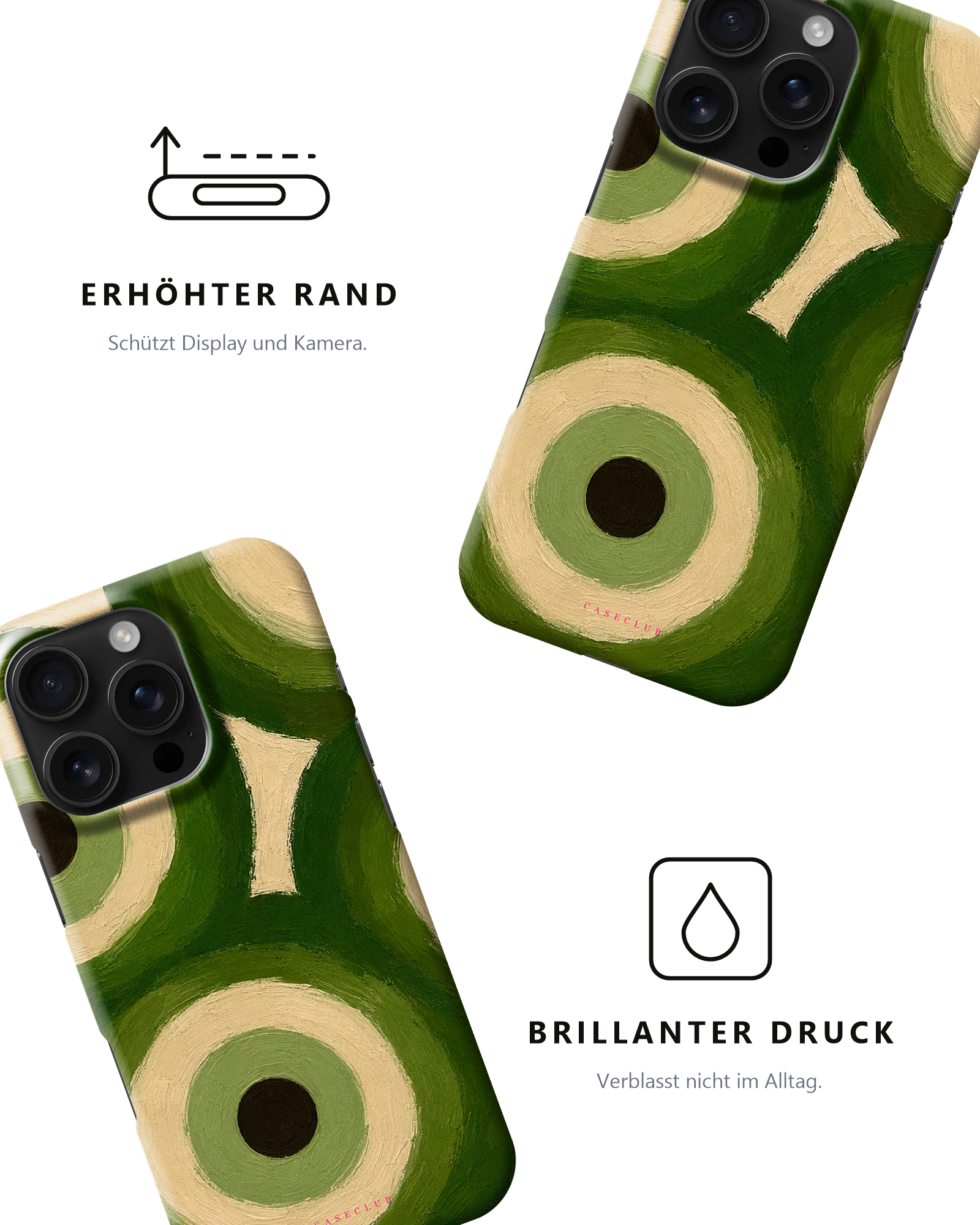 Case Club Olive Eye — erhöhter Rand schützt Display und Kamera, brillanter Druck verblasst nicht im Alltag.