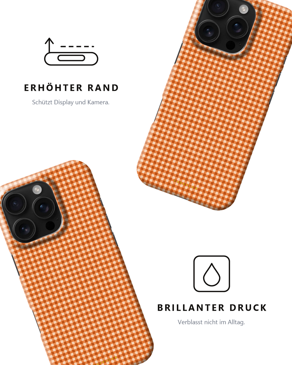 Case Club Orange Gingham — erhöhter Rand schützt Display und Kamera, brillanter Druck verblasst nicht im Alltag.