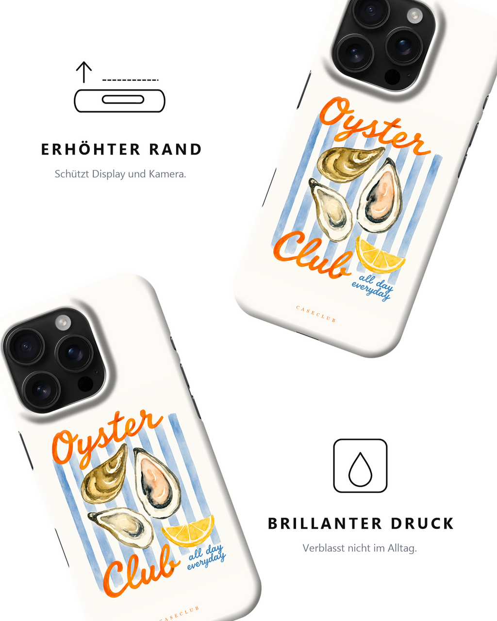 Case Club Oyster Club — erhöhter Rand schützt Display und Kamera, brillanter Druck verblasst nicht im Alltag.