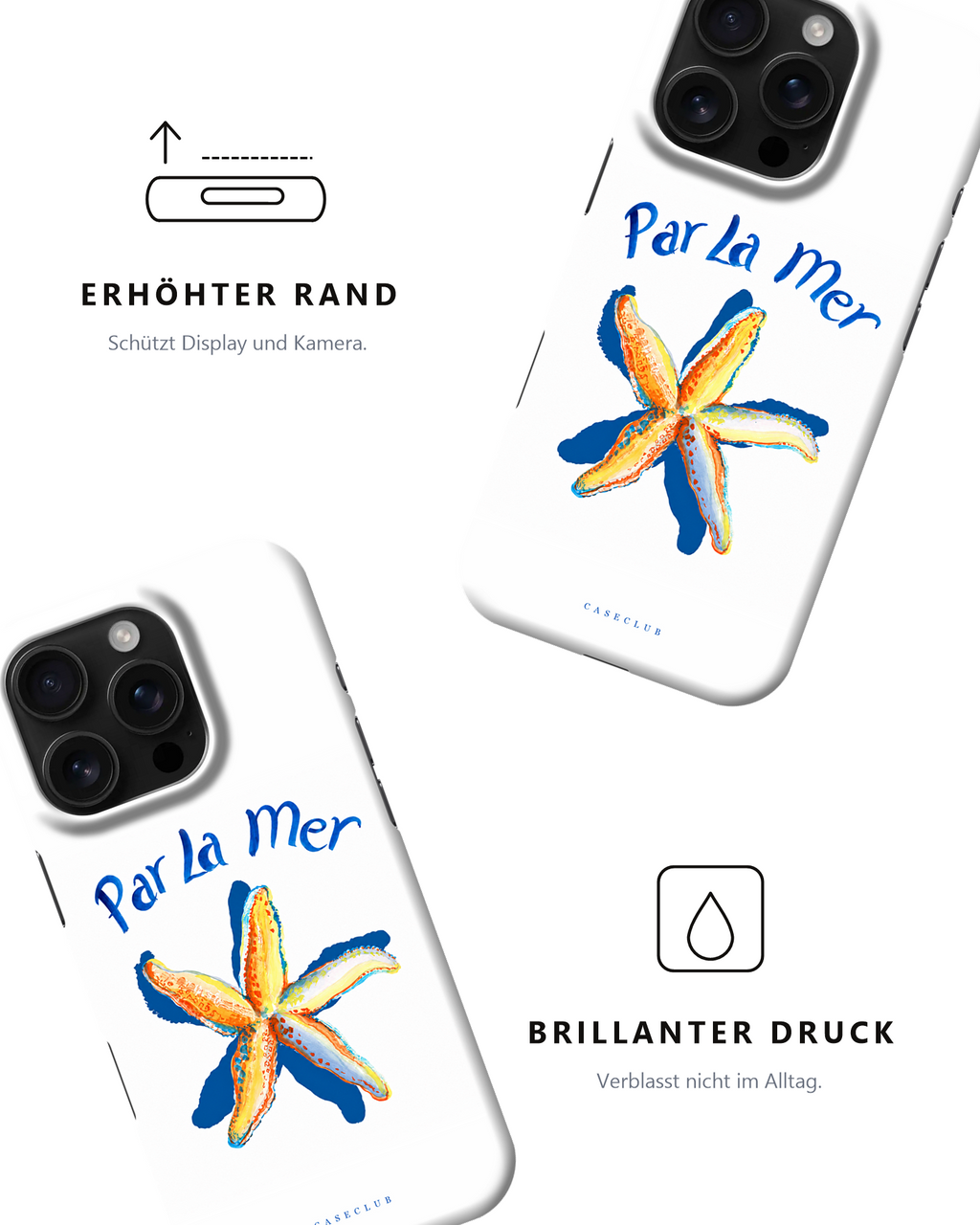 Case Club Par La Mer — erhöhter Rand schützt Display und Kamera, brillanter Druck verblasst nicht im Alltag.