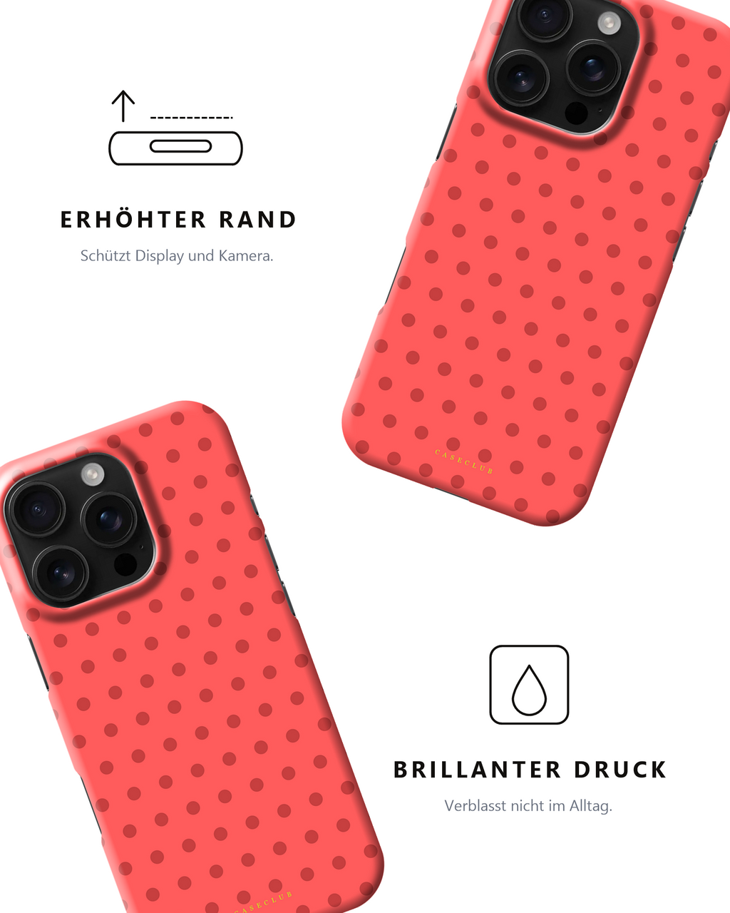 Case Club Peach Dots — erhöhter Rand schützt Display und Kamera, brillanter Druck verblasst nicht im Alltag.