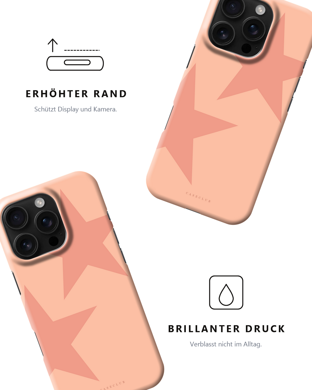 Case Club Peach Stars — erhöhter Rand schützt Display und Kamera, brillanter Druck verblasst nicht im Alltag.