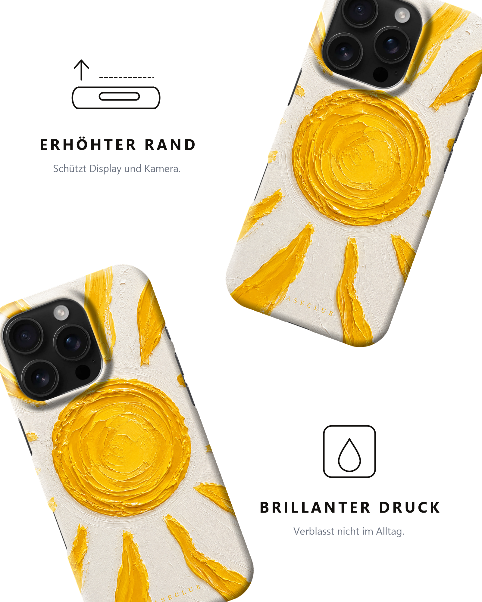 Case Club Sunshine — erhöhter Rand schützt Display und Kamera, brillanter Druck verblasst nicht im Alltag.